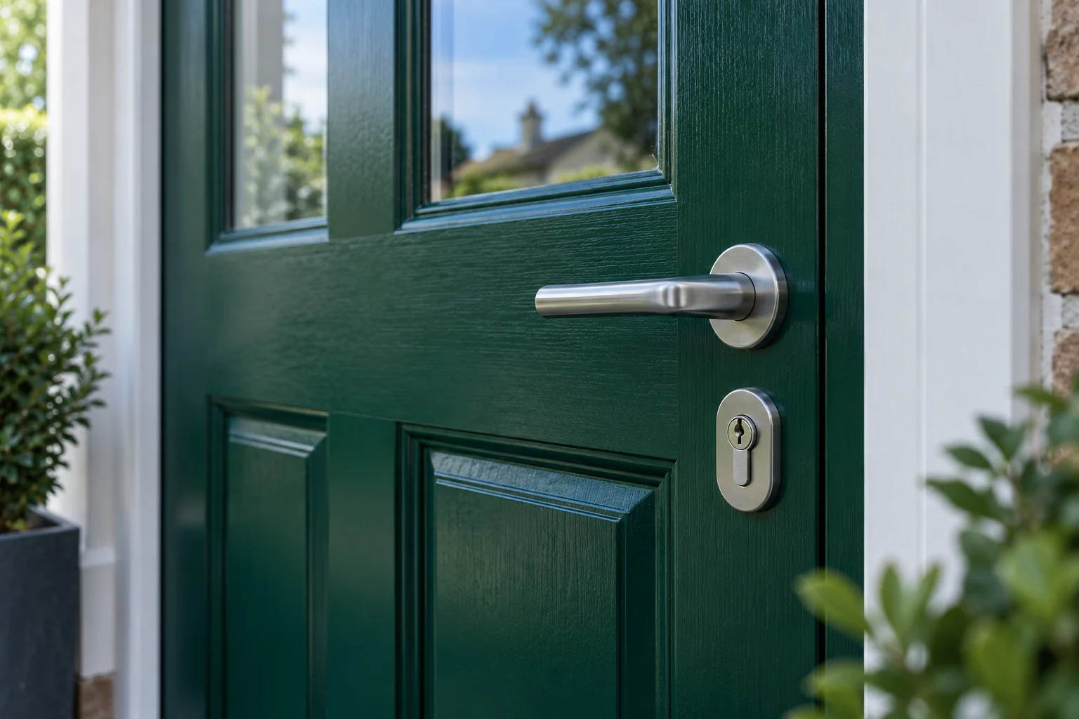Brushed metal lock and handle on a green front door